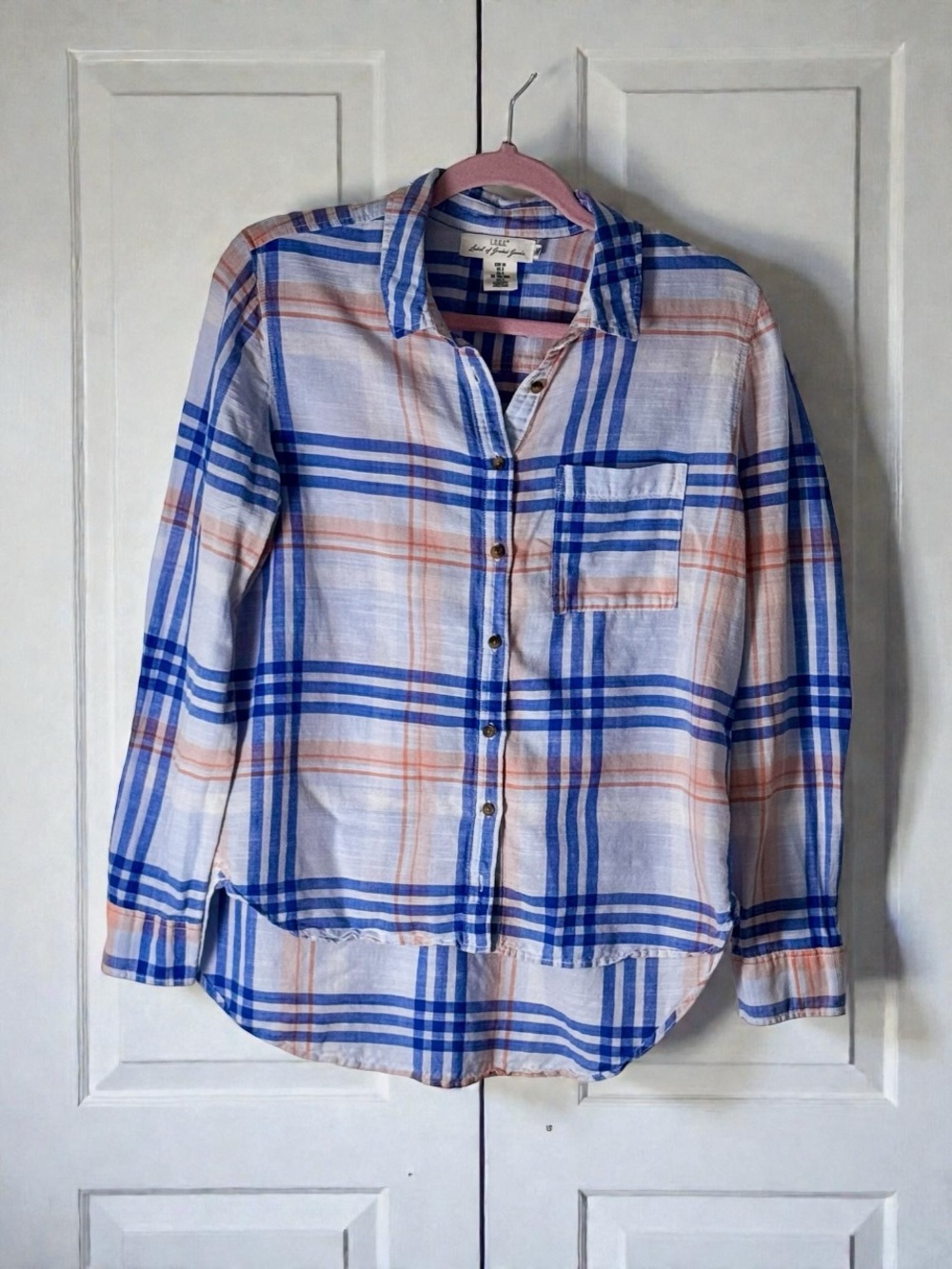 H&M LOGG Plaid Button Down Shirt Size 8 Blue Orange Cotton High Low